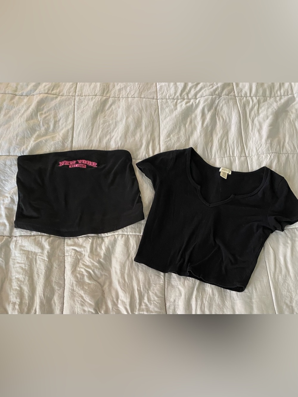 Rue21 Black V-Neck Crop Top and Black Tube Camisole with Pink Logo